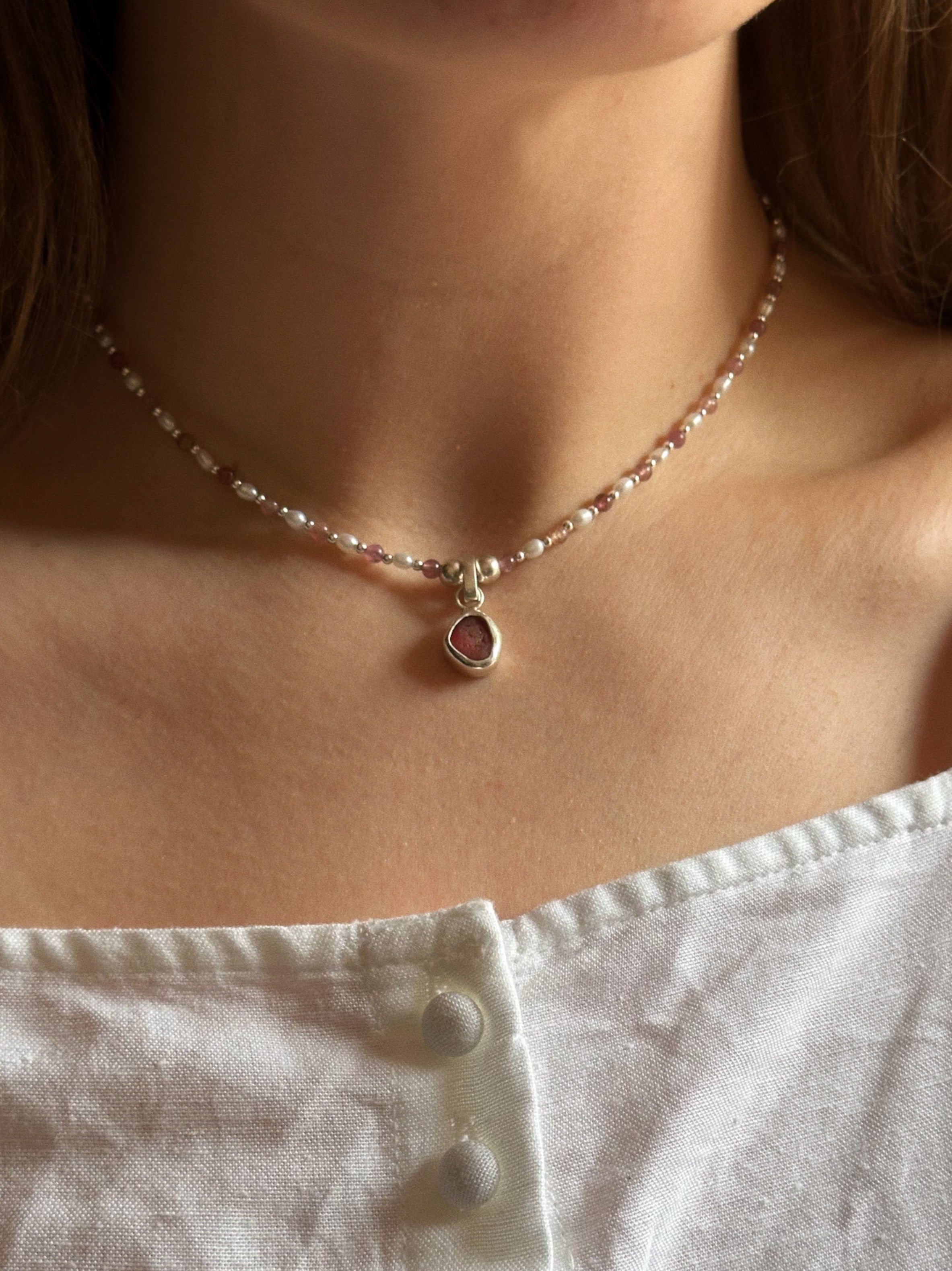 Tourmaline & pearl charm keeper necklace