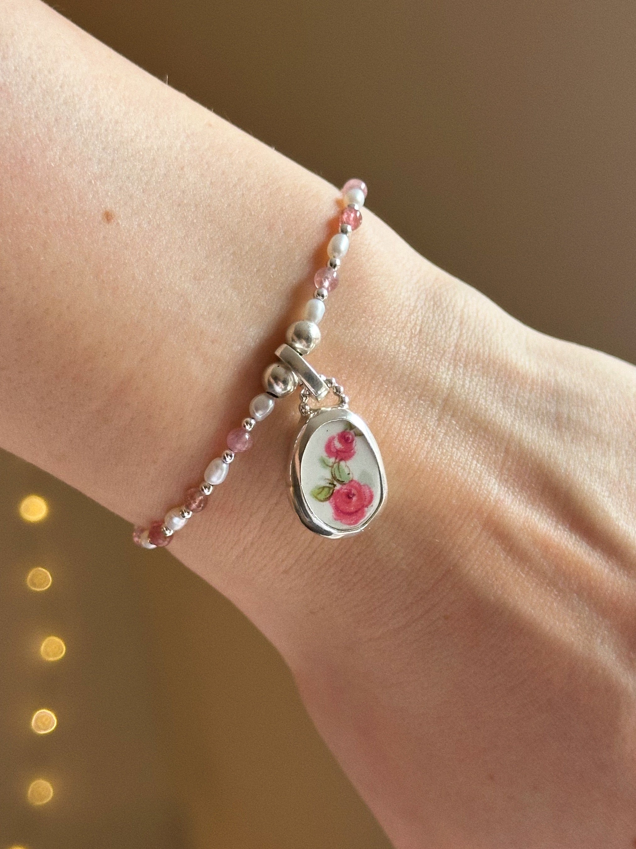Tourmaline & pearl charm keeper bracelet