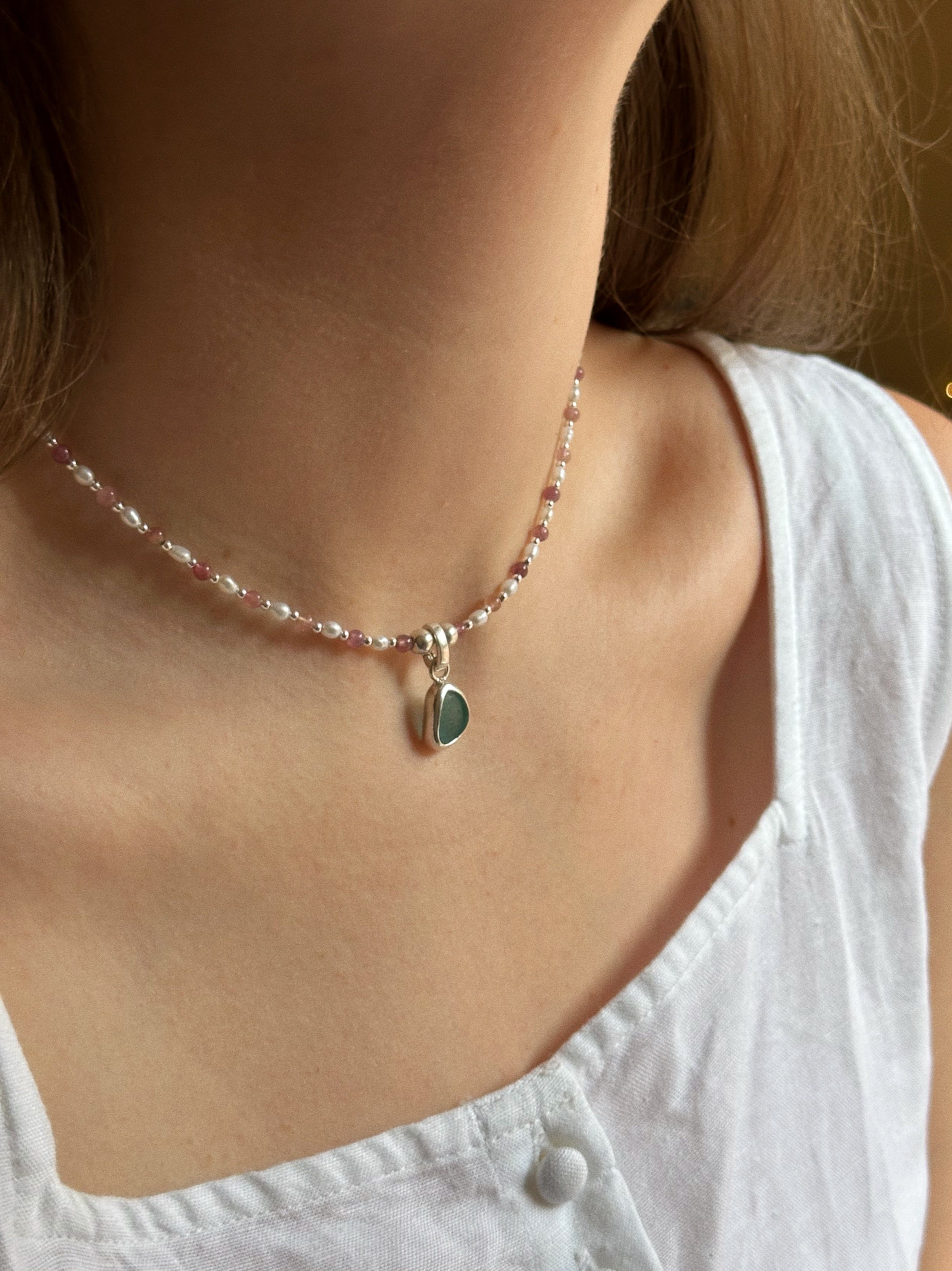 Tourmaline & pearl charm keeper necklace