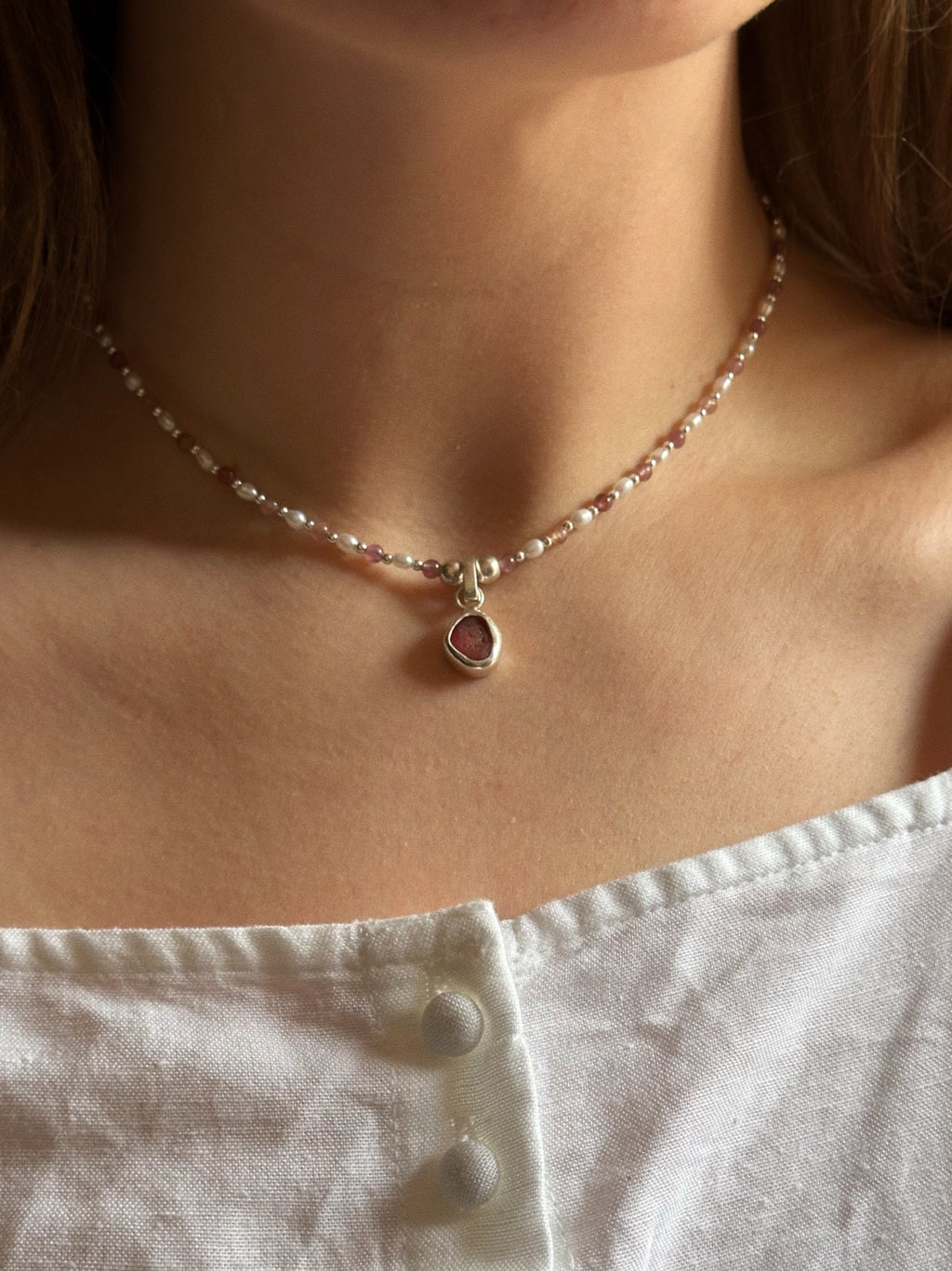 Tourmaline & pearl charm keeper necklace