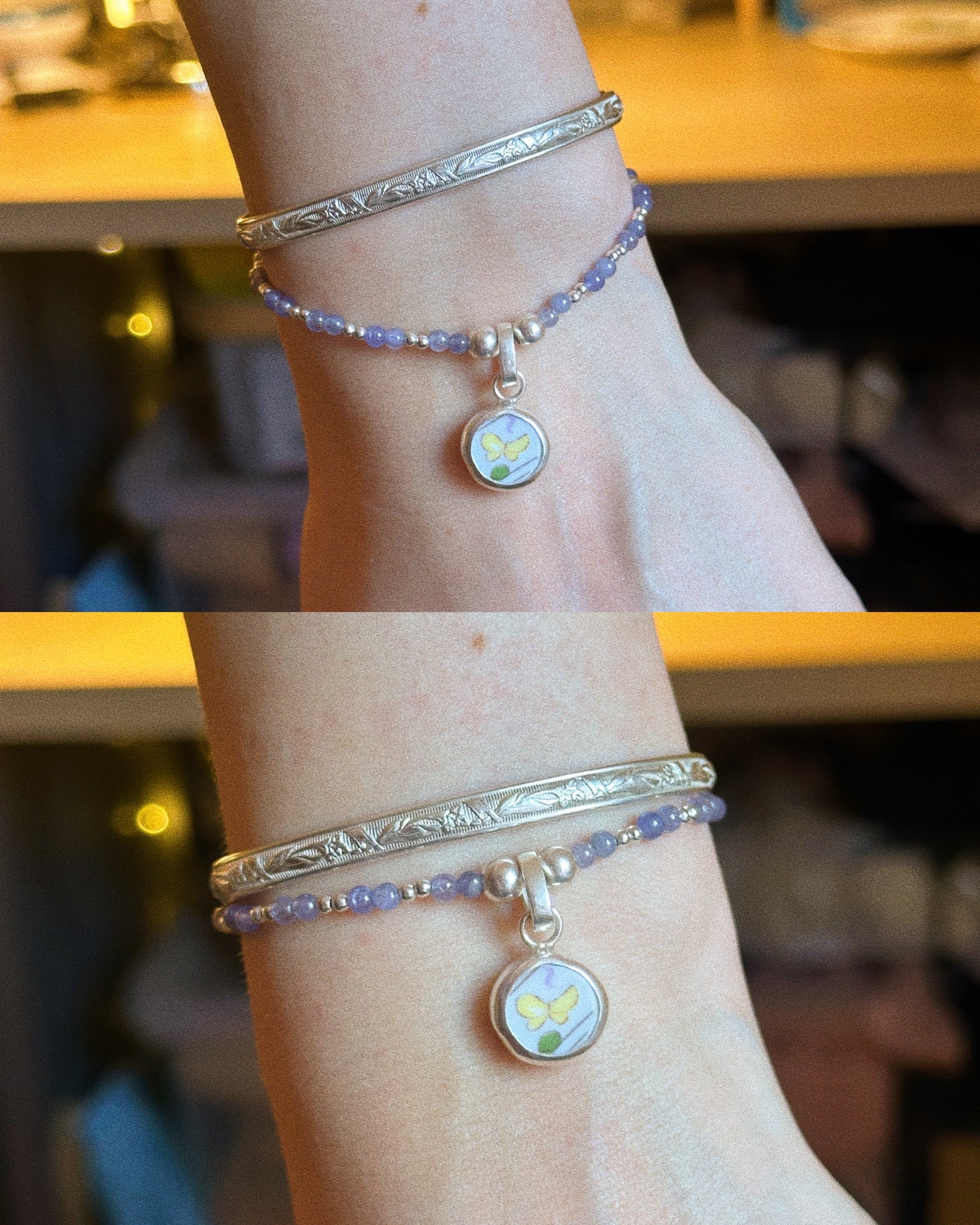 Tanzanite & silver charm keeper bracelet